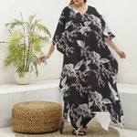 Japanese Crane Bird Pattern Print Silk V-Neck Kaftan Dress