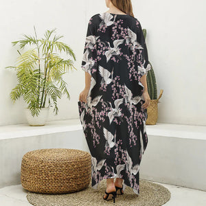 Japanese Crane Bird Pattern Print Silk V-Neck Kaftan Dress