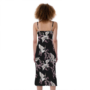 Japanese Crane Bird Pattern Print Slim Fit Midi Cami Dress