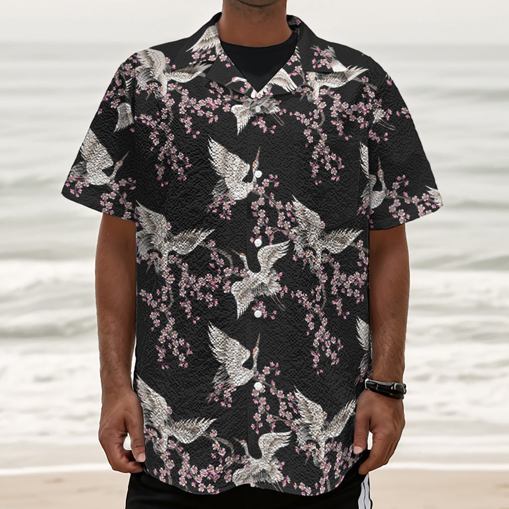 Japanese Crane Bird Pattern Print Textured Short Sleeve Shirt