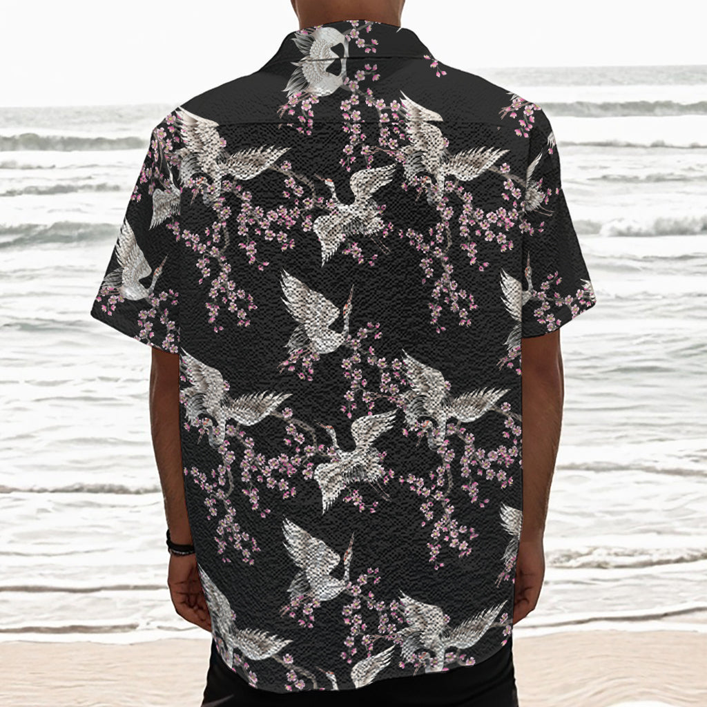 Japanese Crane Bird Pattern Print Textured Short Sleeve Shirt