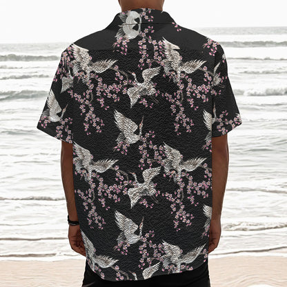 Japanese Crane Bird Pattern Print Textured Short Sleeve Shirt