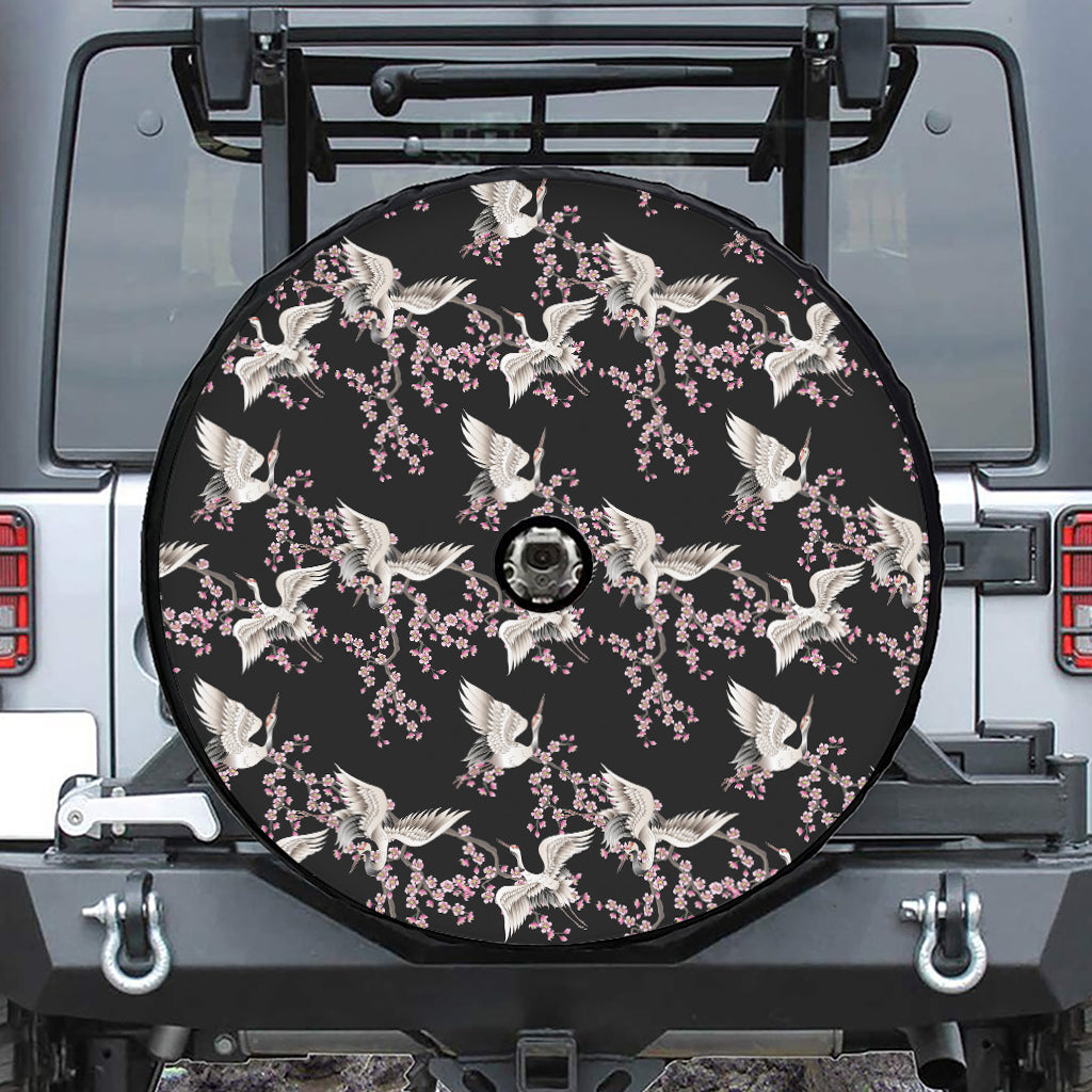 Japanese Crane Bird Pattern Print Tire Cover With Camera Hole
