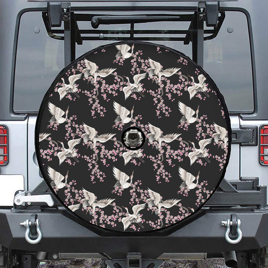 Japanese Crane Bird Pattern Print Tire Cover With Camera Hole