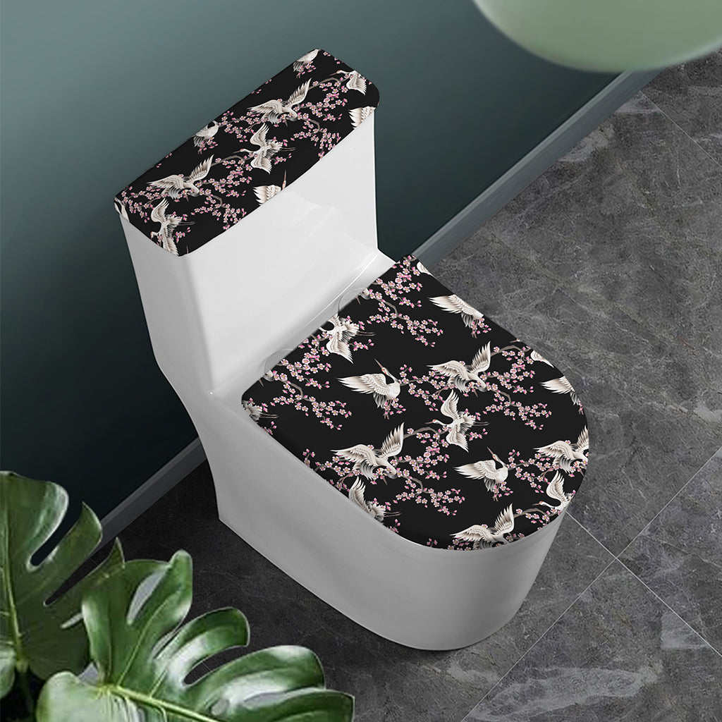 Japanese Crane Bird Pattern Print Toilet Lid And Tank Cover Set