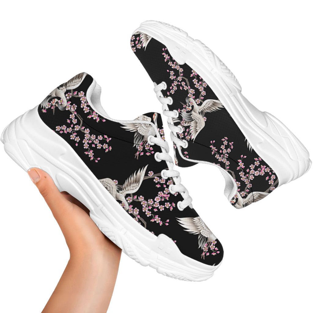 Japanese Crane Bird Pattern Print White Chunky Shoes