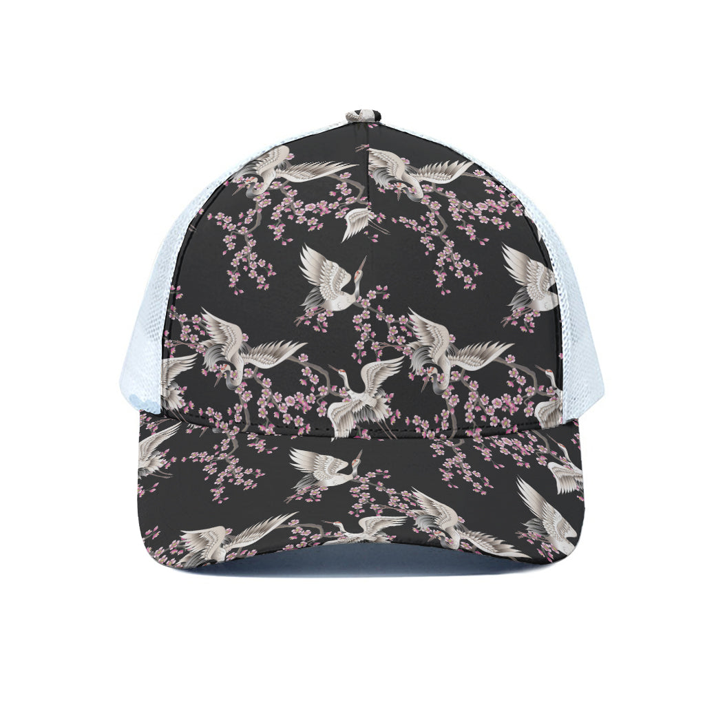 Japanese Crane Bird Pattern Print White Mesh Trucker Cap