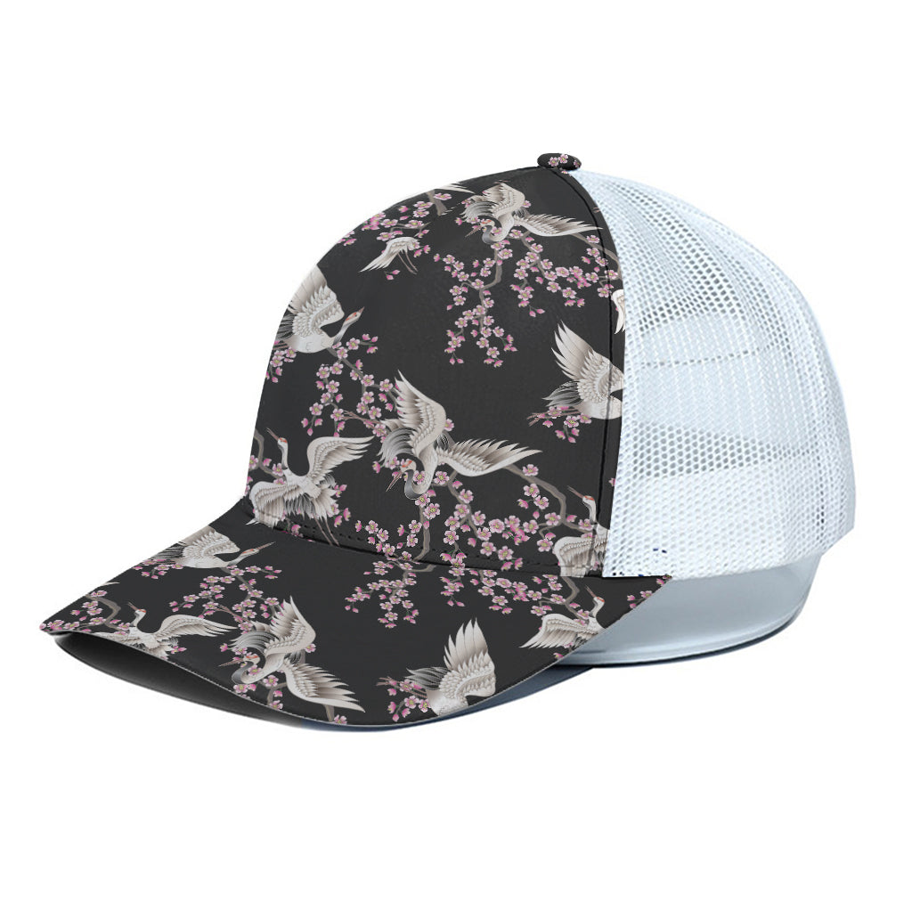 Japanese Crane Bird Pattern Print White Mesh Trucker Cap