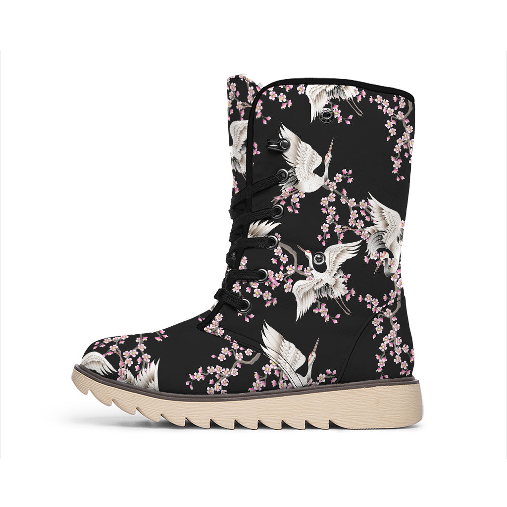 Japanese Crane Bird Pattern Print Winter Boots