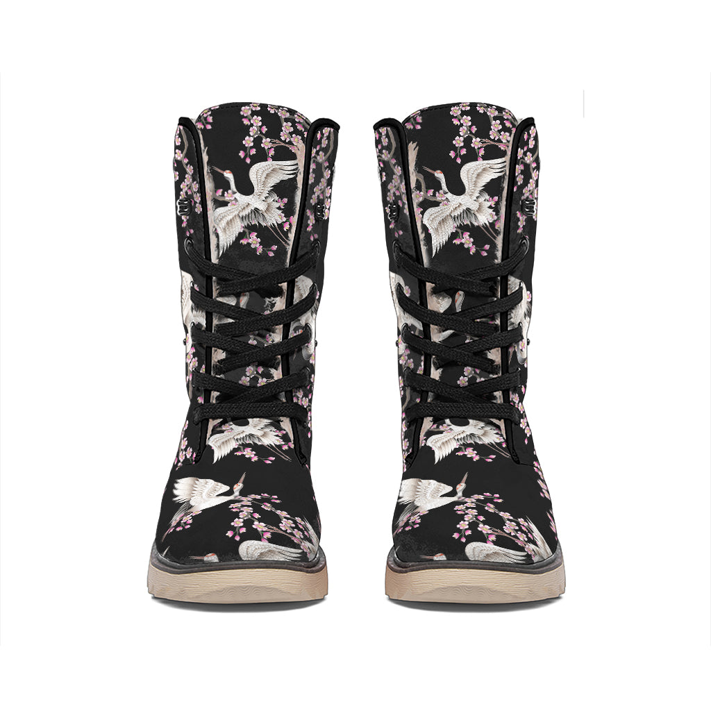 Japanese Crane Bird Pattern Print Winter Boots