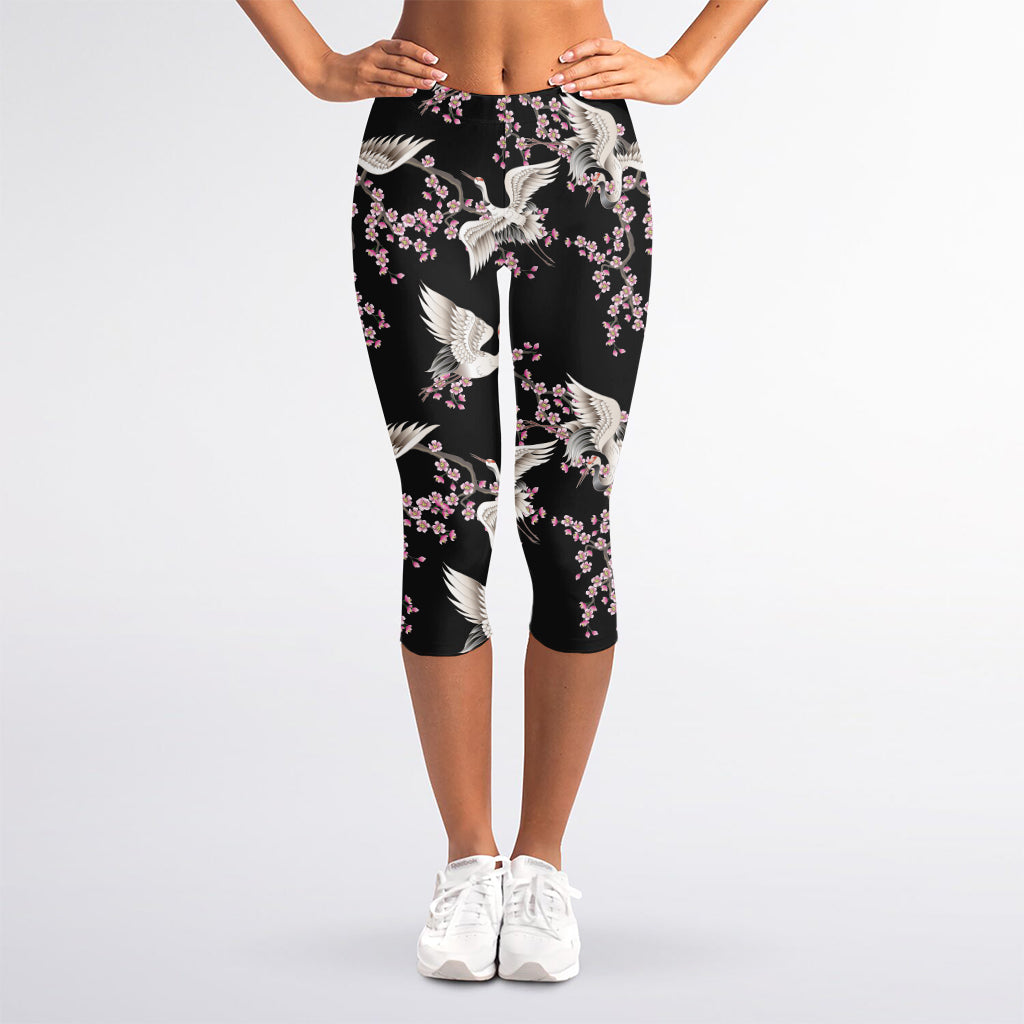 Japanese Crane Bird Pattern Print Women's Capri Leggings