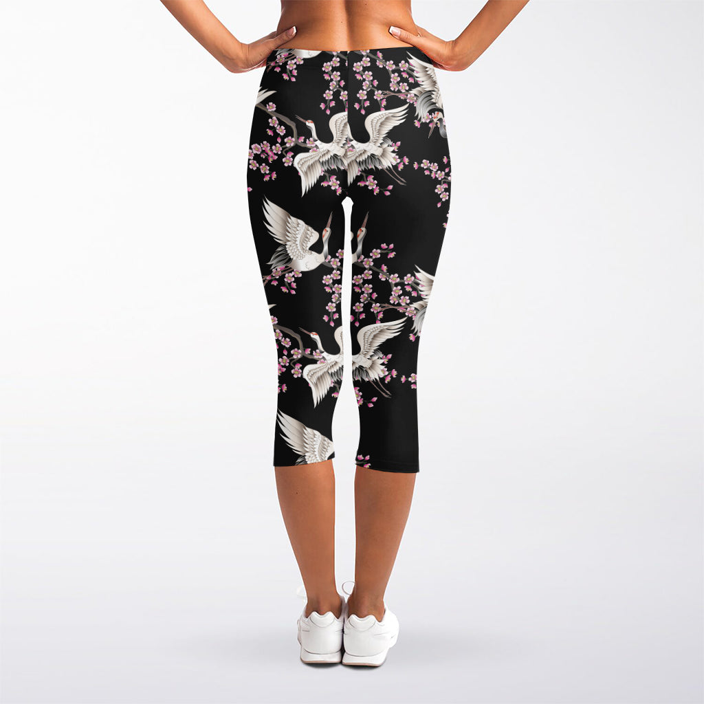 Japanese Crane Bird Pattern Print Women's Capri Leggings