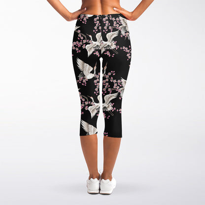 Japanese Crane Bird Pattern Print Women's Capri Leggings
