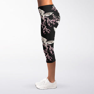 Japanese Crane Bird Pattern Print Women's Capri Leggings