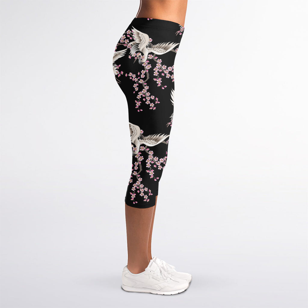 Japanese Crane Bird Pattern Print Women's Capri Leggings