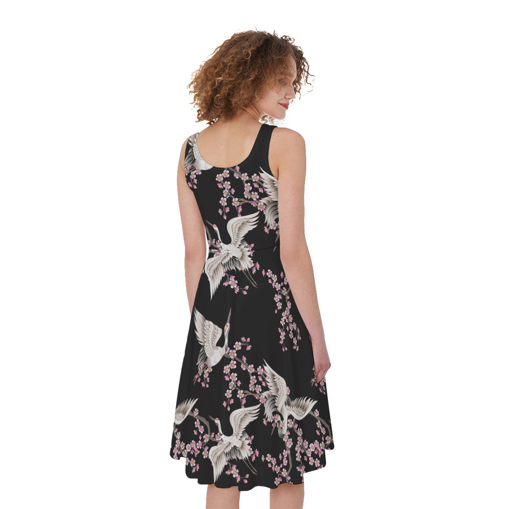 Japanese Crane Bird Pattern Print Women's Sleeveless Dress