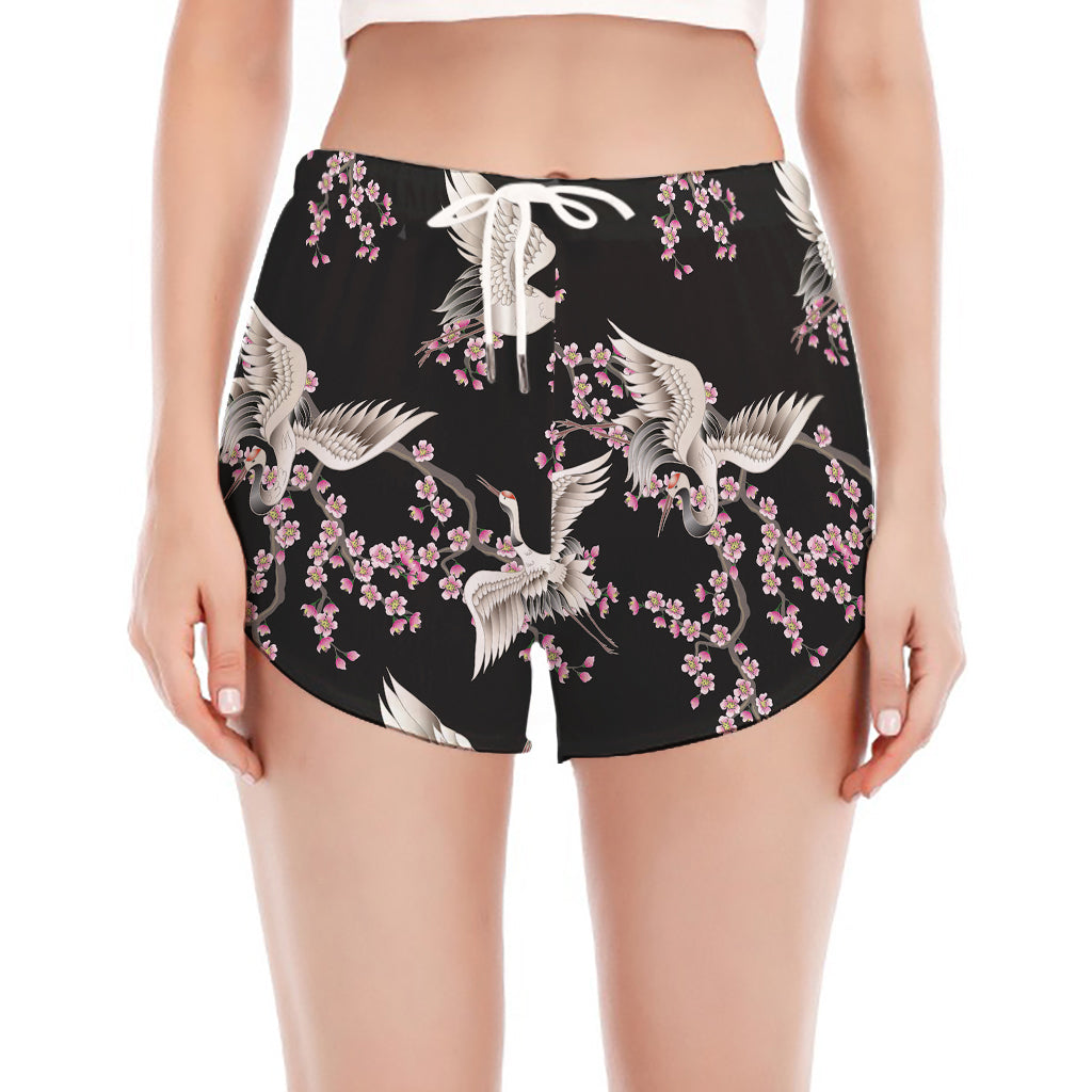 Japanese Crane Bird Pattern Print Women's Split Running Shorts