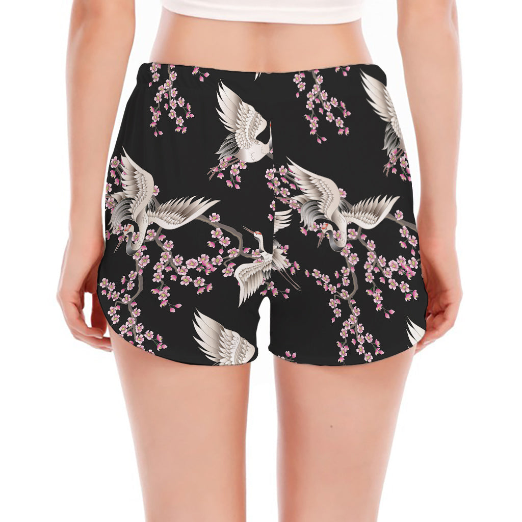 Japanese Crane Bird Pattern Print Women's Split Running Shorts