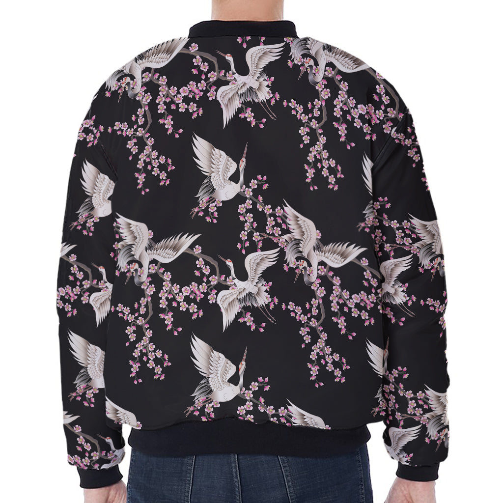 Japanese Crane Bird Pattern Print Zip Sleeve Bomber Jacket