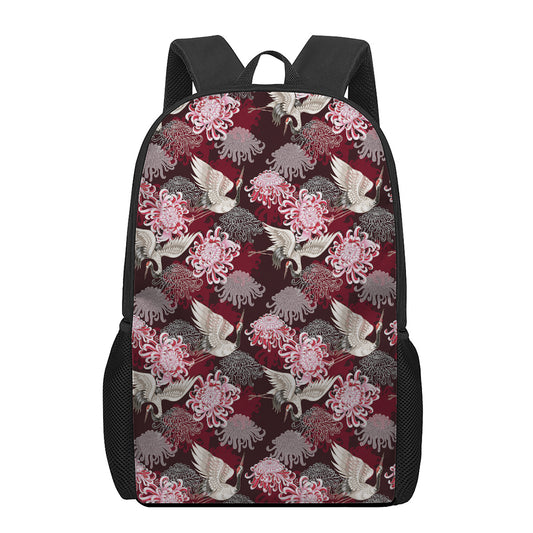 Japanese Cranes And Chrysanthemums Print 17 Inch Backpack