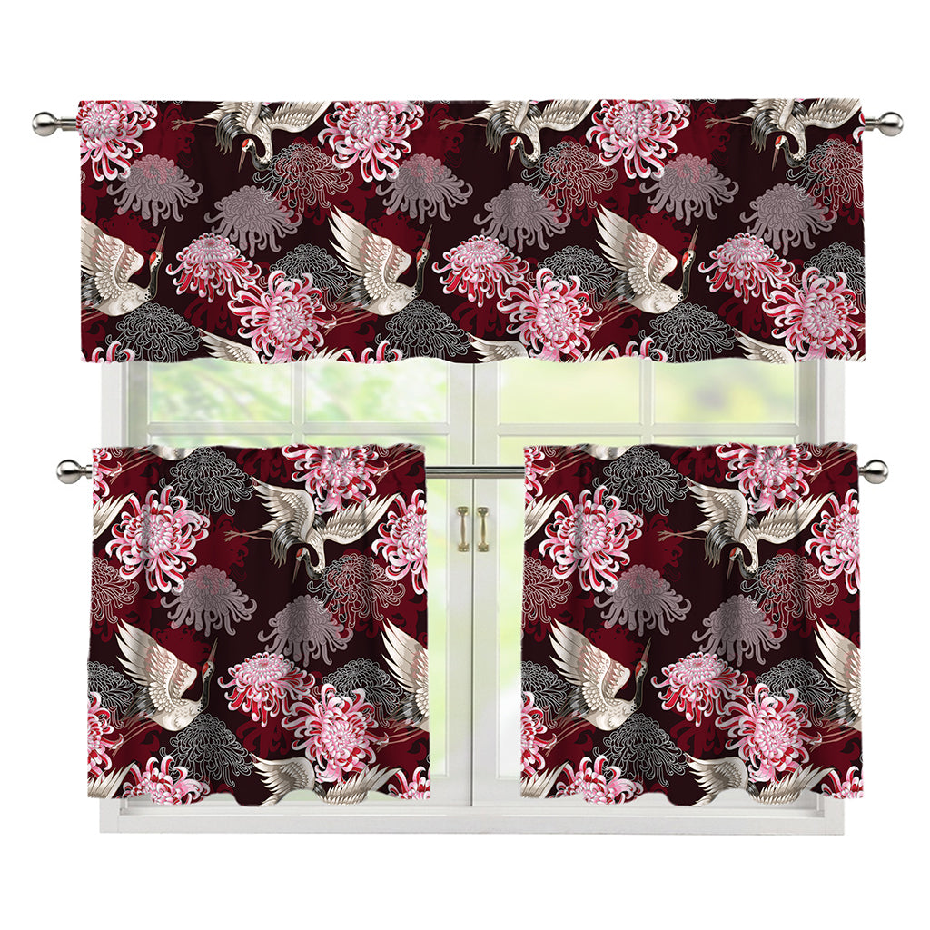 Japanese Cranes And Chrysanthemums Print 3 Piece Kitchen Curtains