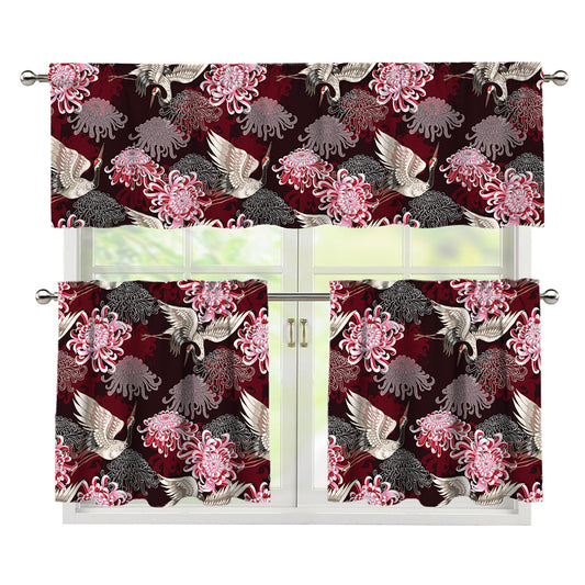 Japanese Cranes And Chrysanthemums Print 3 Piece Kitchen Curtains