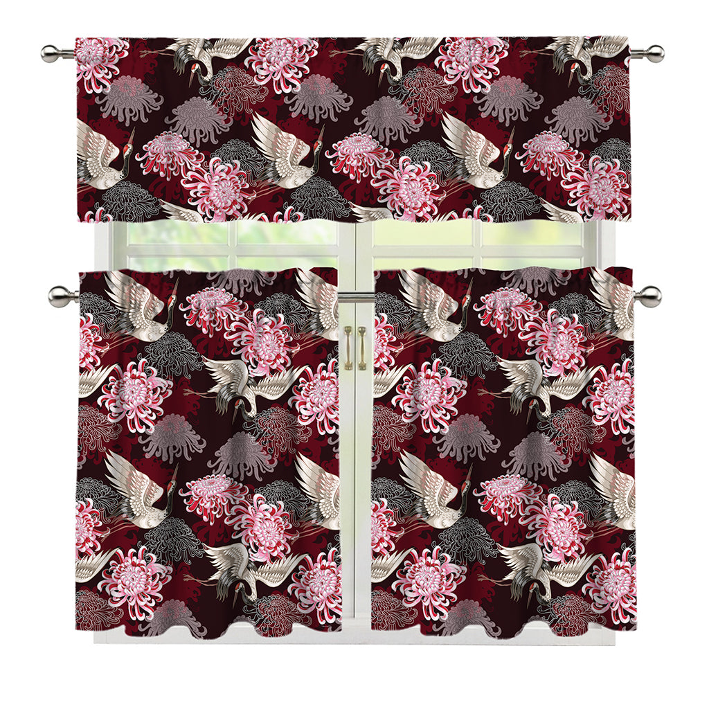 Japanese Cranes And Chrysanthemums Print 3 Piece Kitchen Curtains