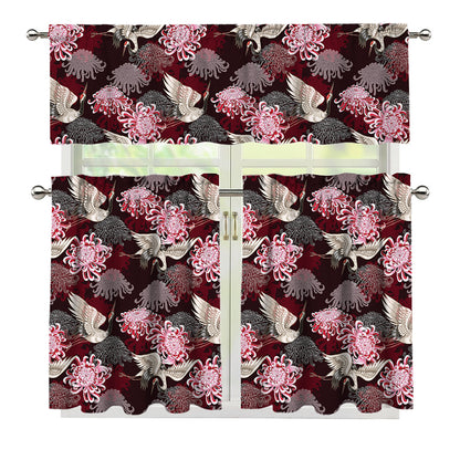 Japanese Cranes And Chrysanthemums Print 3 Piece Kitchen Curtains