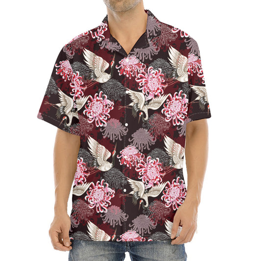 Japanese Cranes And Chrysanthemums Print Aloha Shirt