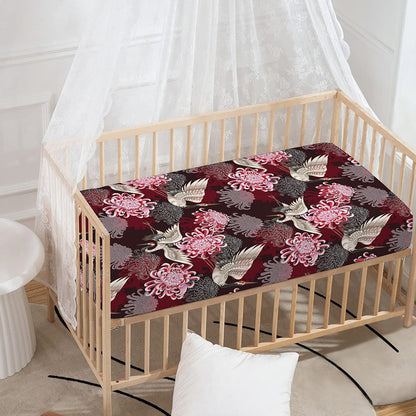 Japanese Cranes And Chrysanthemums Print Baby Crib Sheet