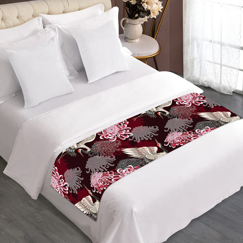 Japanese Cranes And Chrysanthemums Print Bed Runner