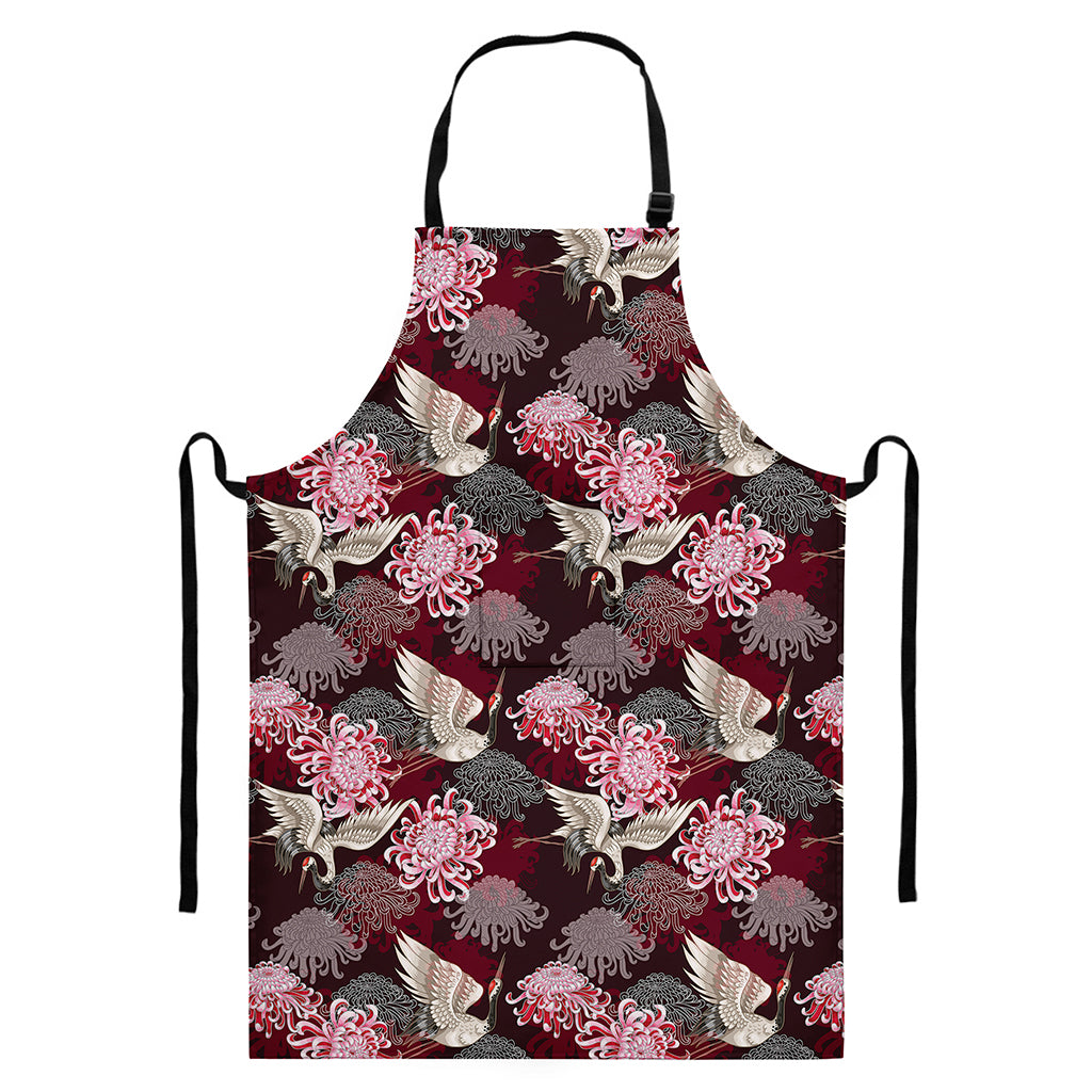 Japanese Cranes And Chrysanthemums Print Bib Apron With Pocket