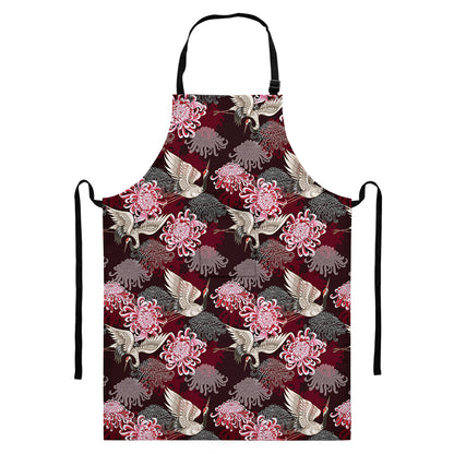 Japanese Cranes And Chrysanthemums Print Bib Apron With Pocket