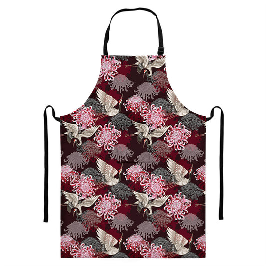 Japanese Cranes And Chrysanthemums Print Bib Apron With Pocket