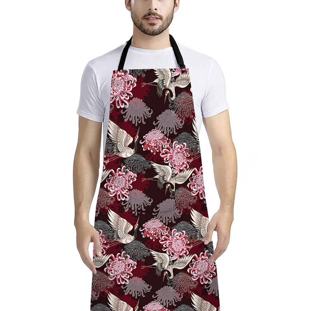 Japanese Cranes And Chrysanthemums Print Bib Apron With Pocket