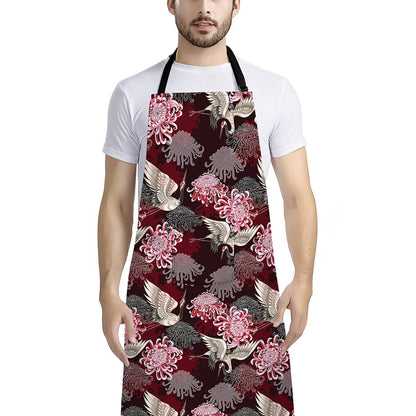 Japanese Cranes And Chrysanthemums Print Bib Apron With Pocket