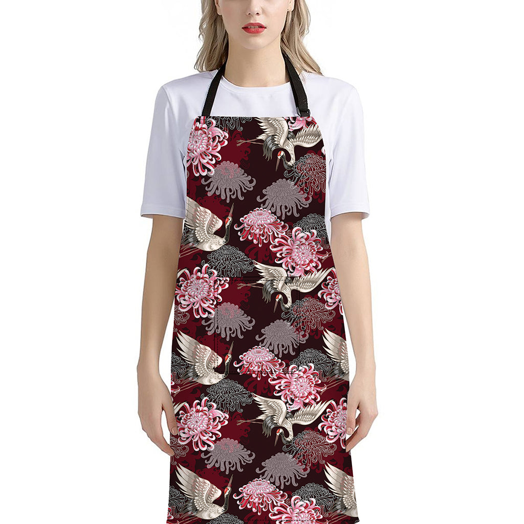 Japanese Cranes And Chrysanthemums Print Bib Apron With Pocket