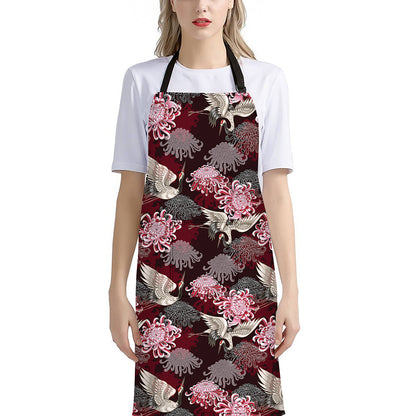 Japanese Cranes And Chrysanthemums Print Bib Apron With Pocket