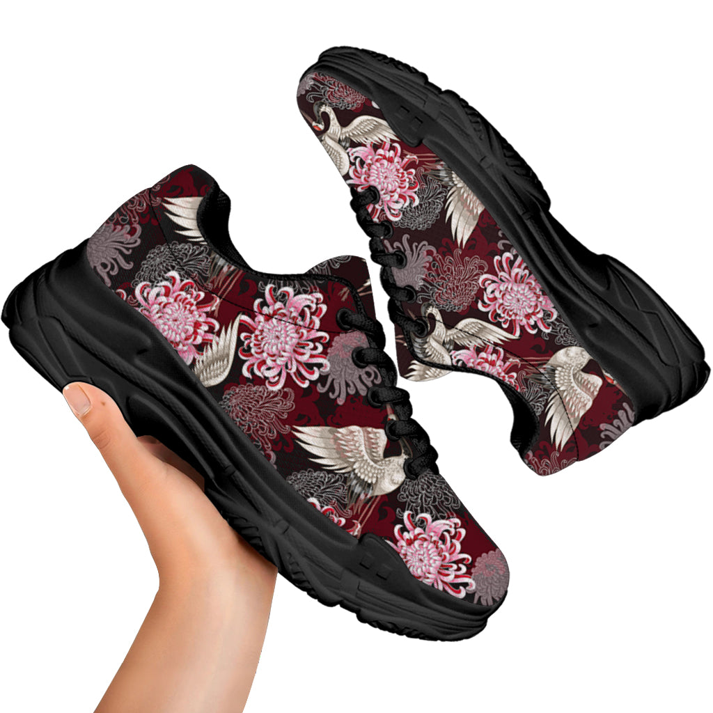 Japanese Cranes And Chrysanthemums Print Black Chunky Shoes