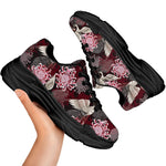 Japanese Cranes And Chrysanthemums Print Black Chunky Shoes