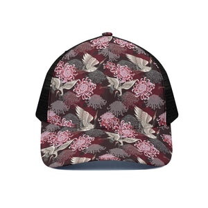 Japanese Cranes And Chrysanthemums Print Black Mesh Trucker Cap