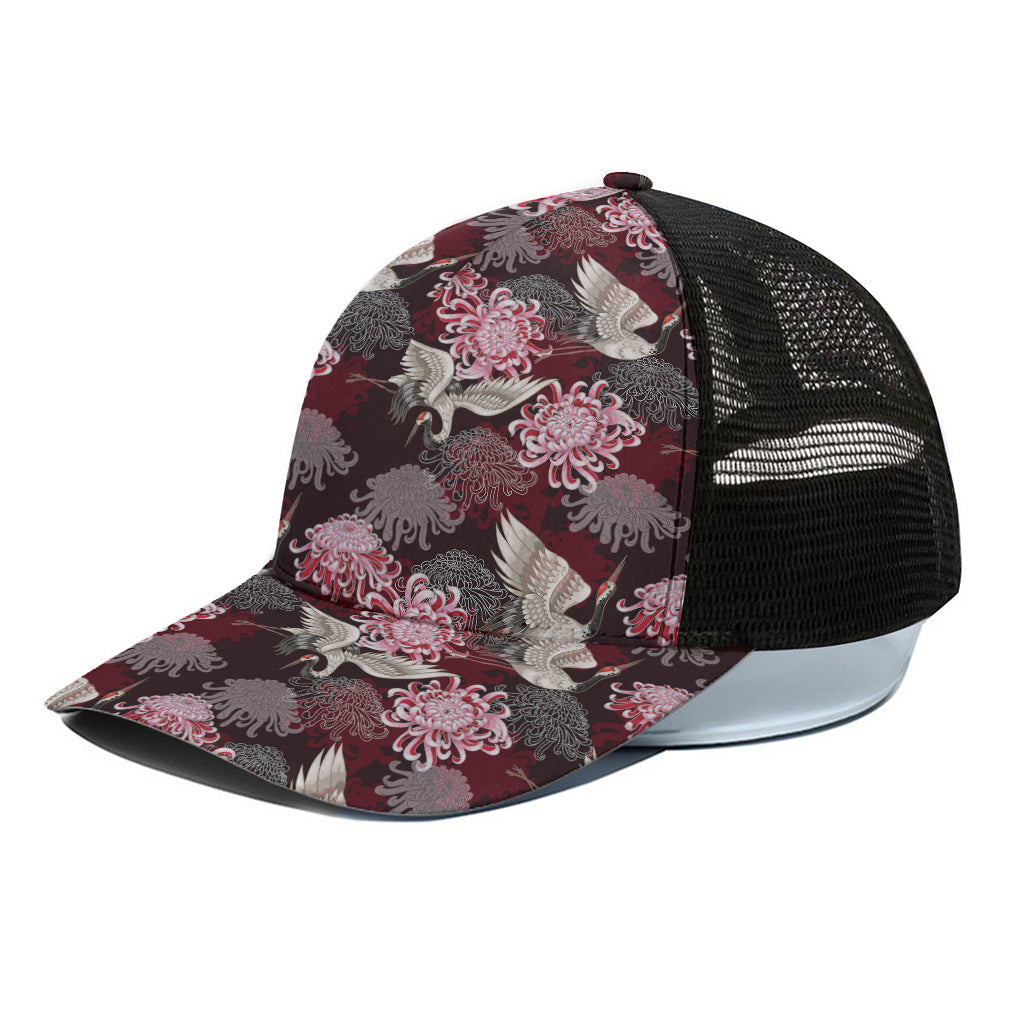 Japanese Cranes And Chrysanthemums Print Black Mesh Trucker Cap