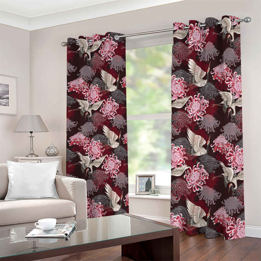 Japanese Cranes And Chrysanthemums Print Blackout Grommet Curtains