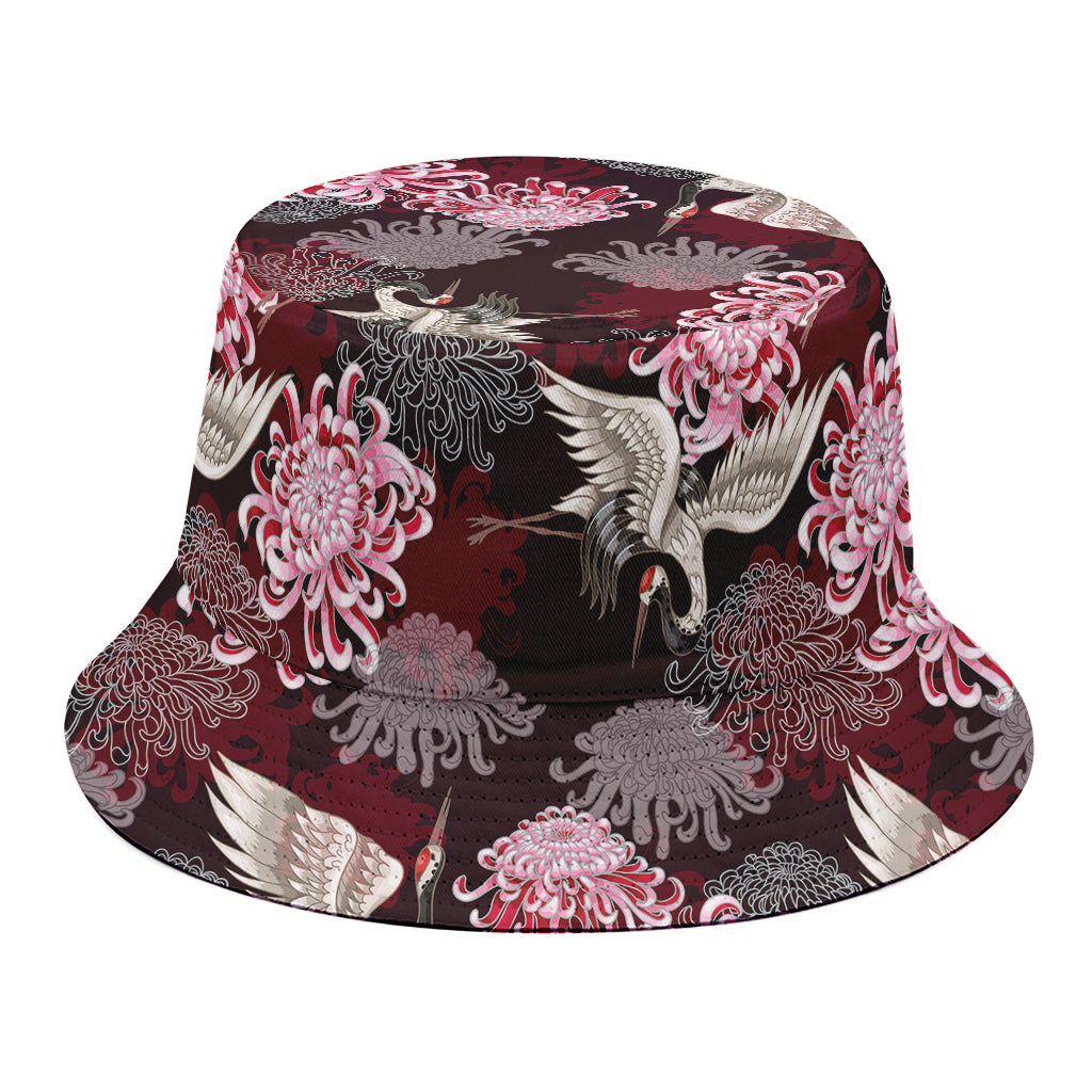 Japanese Cranes And Chrysanthemums Print Bucket Hat