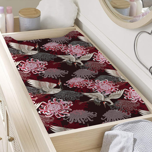 Japanese Cranes And Chrysanthemums Print Changing Pad Cover