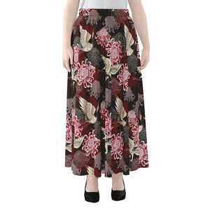 Japanese Cranes And Chrysanthemums Print Chiffon Maxi Skirt