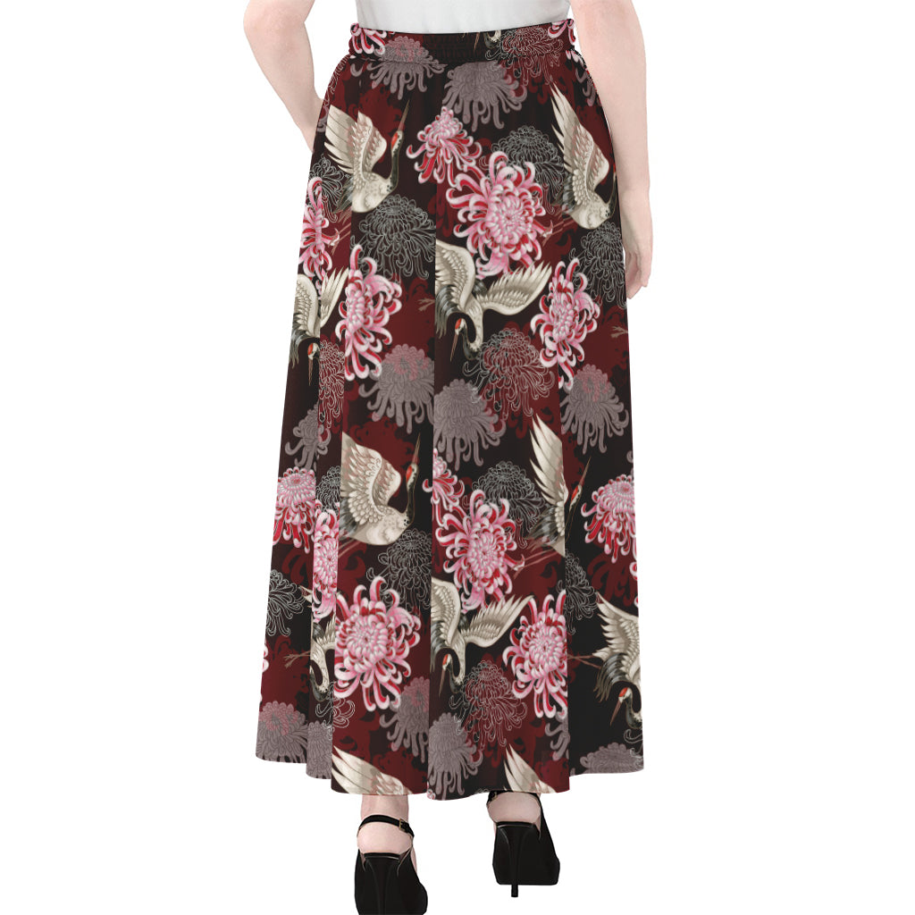 Japanese Cranes And Chrysanthemums Print Chiffon Maxi Skirt