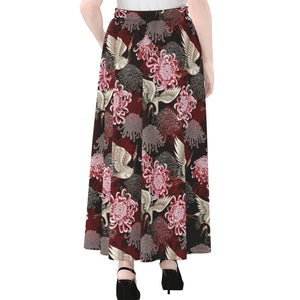 Japanese Cranes And Chrysanthemums Print Chiffon Maxi Skirt