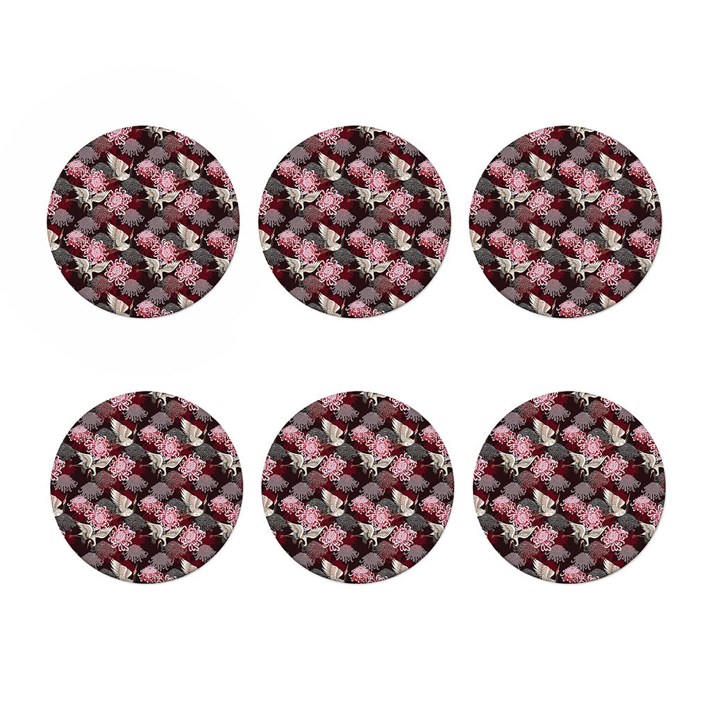 Japanese Cranes And Chrysanthemums Print Coaster Set