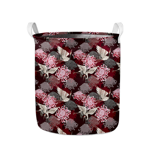 Japanese Cranes And Chrysanthemums Print Collapsible Laundry Basket